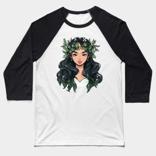 Cartoon Style Portrait - Young Woman with long flowery hair Baseball T-Shirt